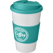 Kubek Americano® 350 ml z uchwytem i pokrywką chroniącą przed rozlaniem, biały, niebieski