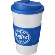 Kubek Americano® 350 ml z uchwytem i pokrywką chroniącą przed rozlaniem, biały, niebieski