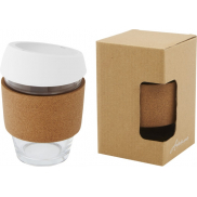 Lidan Szklany kubek o pojemności 360 ml z korkowym uchwytem i silikonową pokrywką, biały