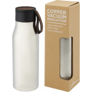Ljungan Miedziana, izolowana próżniowo butelka ze stali nierdzewnej o pojemności 500 ml z paskiem ze skóry PU i pokrywką, szary