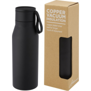 Ljungan Miedziana, izolowana próżniowo butelka ze stali nierdzewnej o pojemności 500 ml z paskiem ze skóry PU i pokrywką, czarny