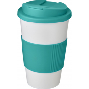 Kubek Americano® 350 ml z uchwytem i pokrywką chroniącą przed rozlaniem, biały, niebieski