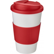 Kubek Americano® 350 ml z uchwytem i pokrywką chroniącą przed rozlaniem, biały, czerwony
