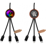SCX.design C37 kabel do ładowania z podświetlanym logo 5-w-1 rPET i z okrągłą drewnianą obudową 40W, brazowy