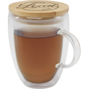 Szklany kubek Leona 350 ml z bambusową pokrywką, biały