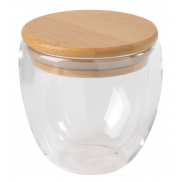 Dwuścienna szklanka BAMBOO ART S z pokrywą z bambusa. Przezroczysta, odporna na temperaturę, o pojemności ok. 250 ml., brązowy, 