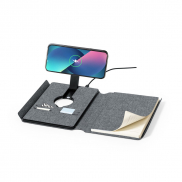 Wielofunkcyjny notatnik RPET A5, magnetyczna ładowarka bezprzewodowa 10W, power bank 5000 mAh - szary