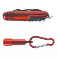 Zestaw narzędzi, narzędzie wielofunkcyjne, scyzoryk (7 el.), latarka 1 LED z karabińczykiem - czerwony