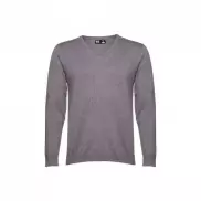 THC MILAN. Męski sweter V-neck z bawełny i poliamidu - Średni szary melanż - M