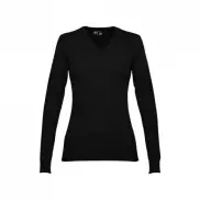 THC MILAN WOMEN. Damski sweter z dekoltem V-neck z bawełny i poliamidu - Czarny - L