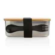 Pudełko śniadaniowe z bambusowym wieczkiem, łyżkowidelec - srebrny