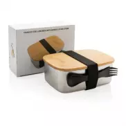 Pudełko śniadaniowe z bambusowym wieczkiem, łyżkowidelec - srebrny