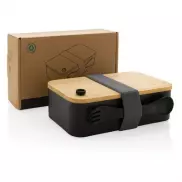 Pudełko śniadaniowe z bambusowym wieczkiem, PP z recyklingu - czarny
