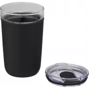 Szklany kubek Bello o pojemności 420 ml z zewnętrzną ścianką z plastiku z recyklingu, czarny