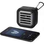 Solo plastikowy głośnik solarny Bluetooth® IPX5 o mocy 3 W z karabińczykiem wykonany z tworzywa pochodzącego z recyklingu z c, czarny